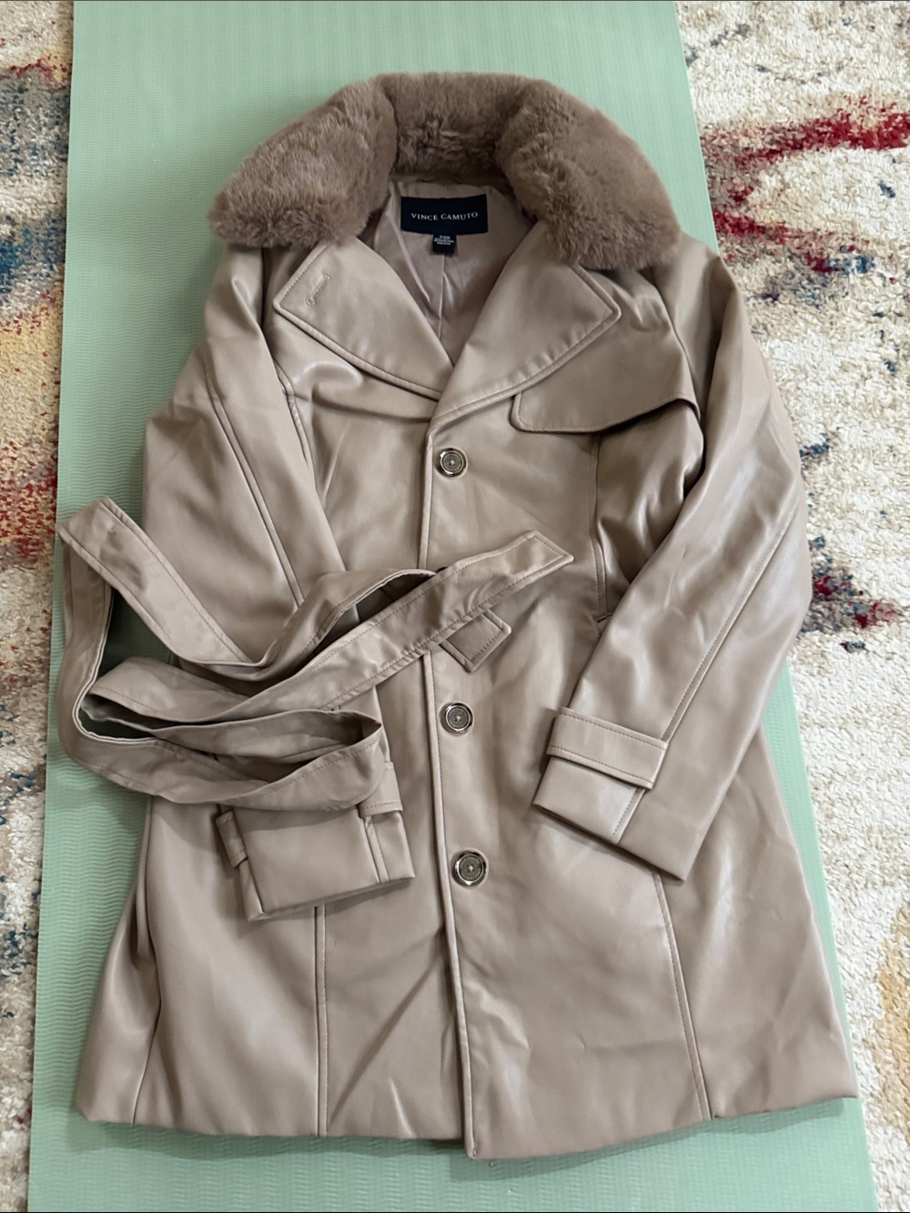 Vince Camuto Taupe Faux Leather Trench with Plush Fur Collar